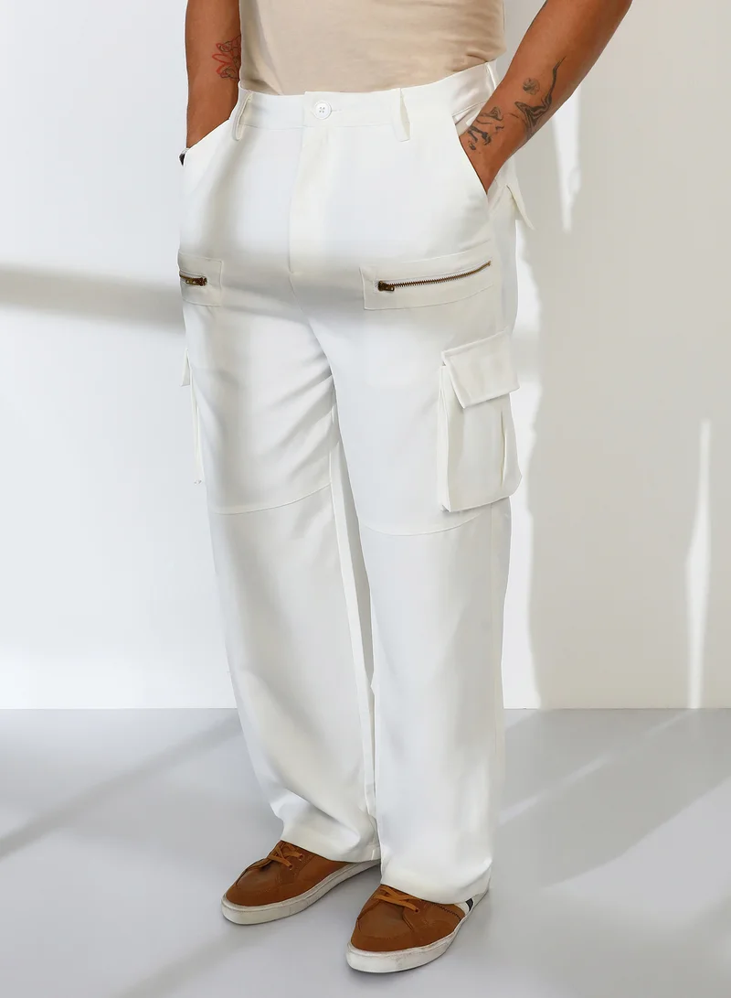 CAHOOT  Men's Chalk White Straight-Fit Utility Trousers For Casual Wear | Mid-Rise | 8 Pockets | Button Closure | Cargo Pants Crafted With Comfort Fit For Everyday Wear for Men | Best Price UAE